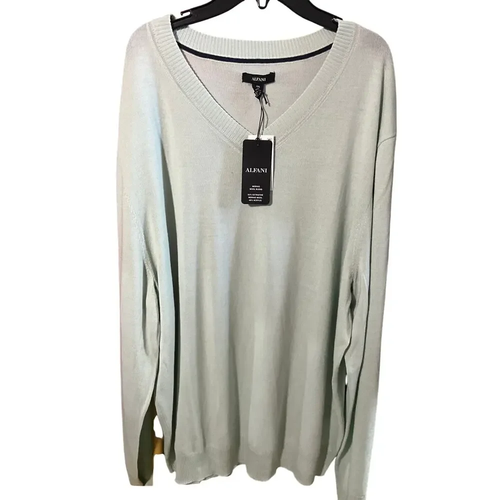 Alfani Merino Wool Quiet Luxury Preppy V Neck Sweater Mint Green NWT XXL